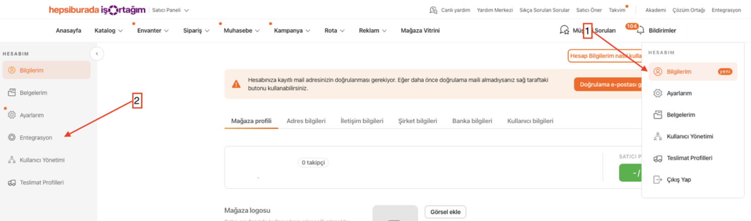 Hepsiburada Satıcı Paneli - Entegrasyon sayfası
