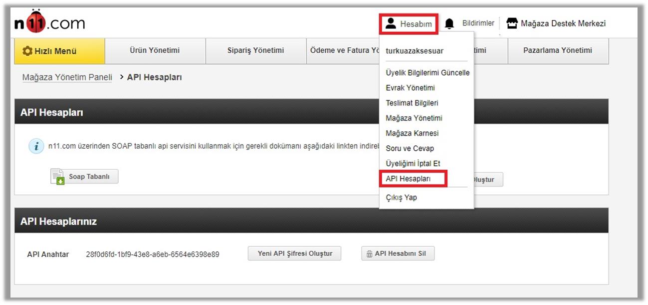 N11 Satıcı Ofisi - Hesabım → API Hesapları menüsü